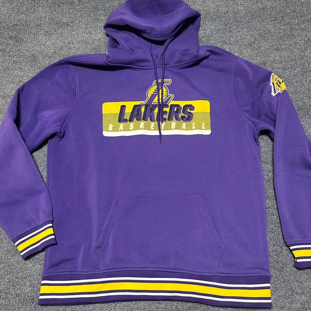 NBA Los Angeles Lakers Hoodie Mens XL Purple Basketball Pullover Striped Trim